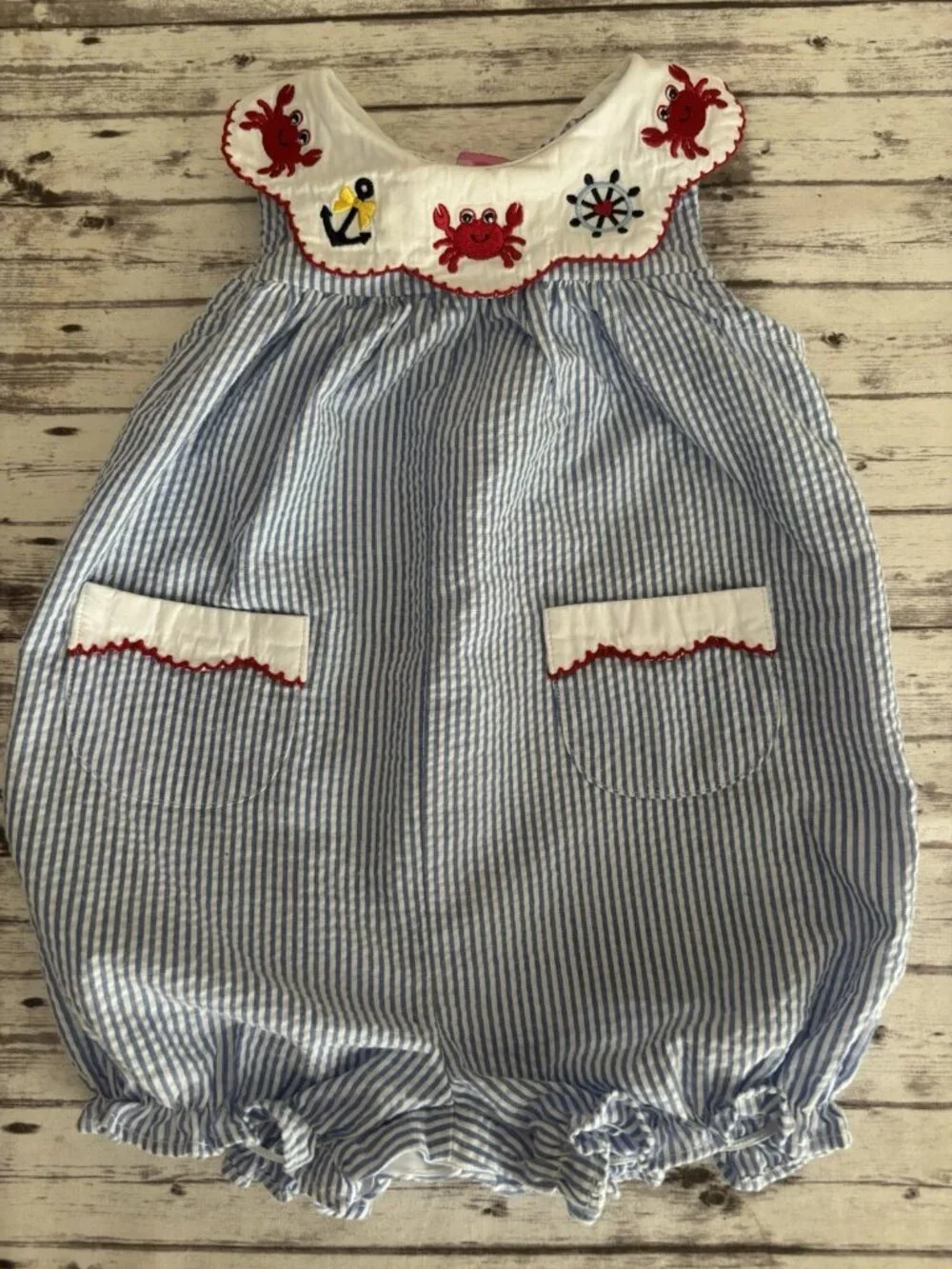 Good Lad 12 Month Blue White Striped Cotton Romper Crab Anchor Embroidered Beach